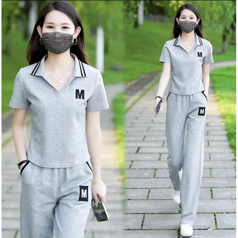 夏季新款显瘦女休闲时尚运动套装时尚polo领长裤套装减龄气质