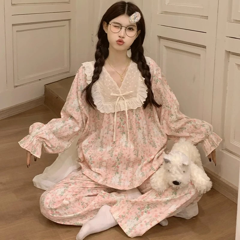 带胸垫睡衣女款春秋季云朵棉长袖甜美可爱套装2025新款家居服外穿