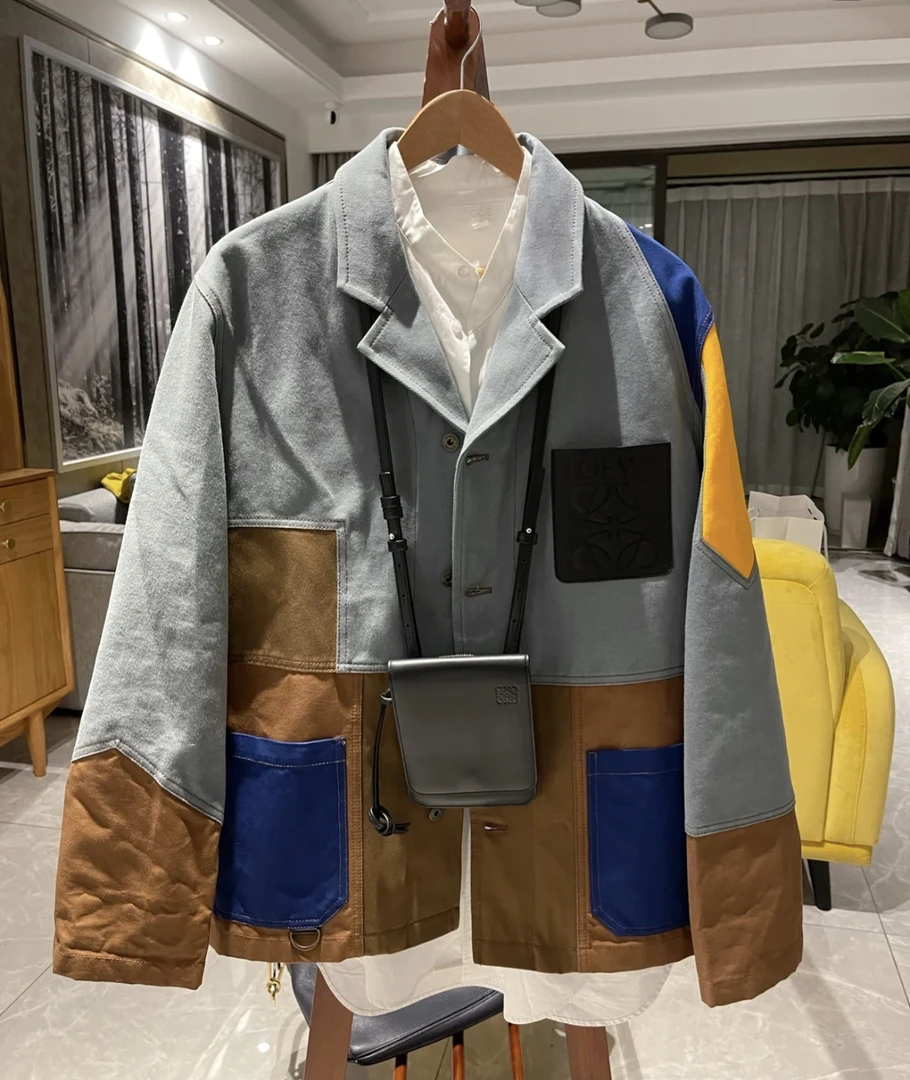 95新 LOEWE/罗意威  cc一四一 棉 胸前皮牌拼色夹克外套 46码微污