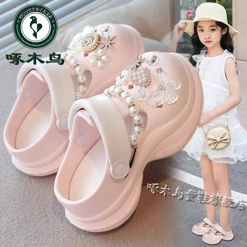 啄木鸟女童洞洞鞋夏款外穿儿童2025新款公主拖鞋女孩洋气包头凉拖