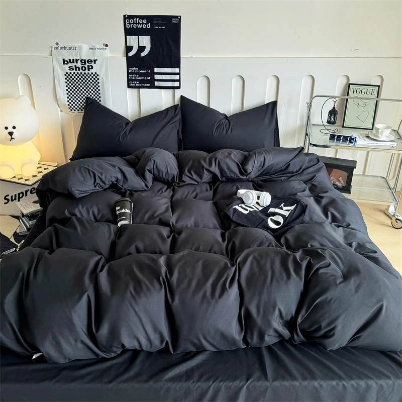 简约纯色四件套床上用品单色床单被套松弛感简约双拼学生三件套