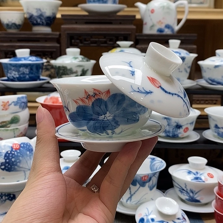 手绘荷花悬停盖碗釉下彩高温瓷微瑕福利款