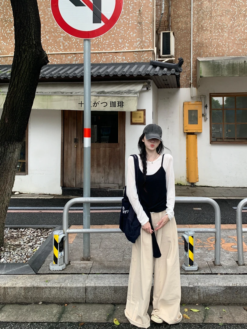 【随性时光】秋冬韩系假期质感慵懒风INS风吊带打底杏色直筒长裤