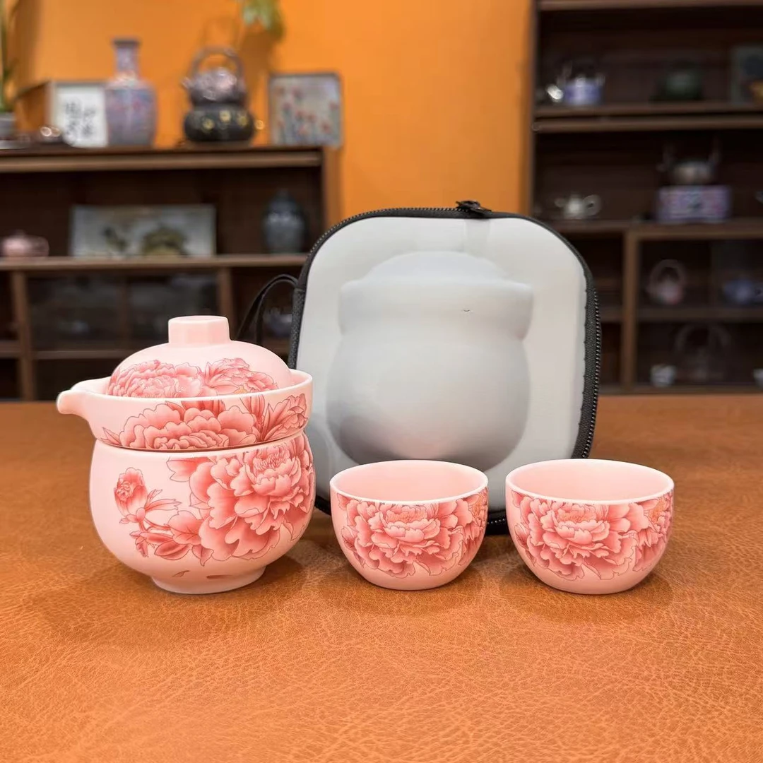 瓷韵优品 粉汝窑葫芦粉牡丹便携式旅行茶具快客杯-6270