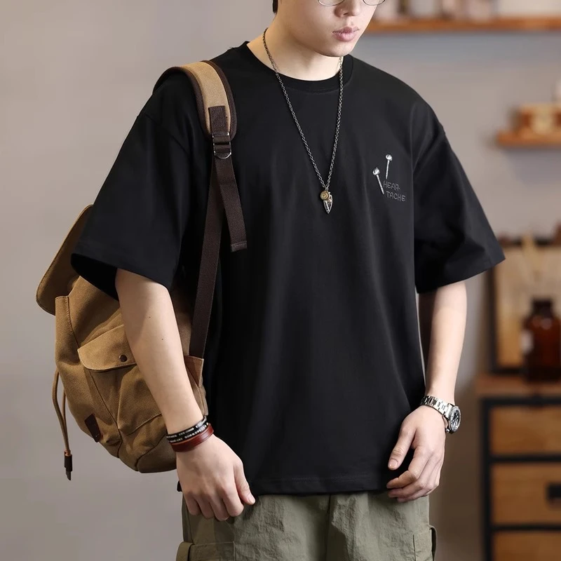 MR.MUDI/穆迪先生重磅纯棉短袖t恤男士潮牌刺绣圆领体恤夏季宽松