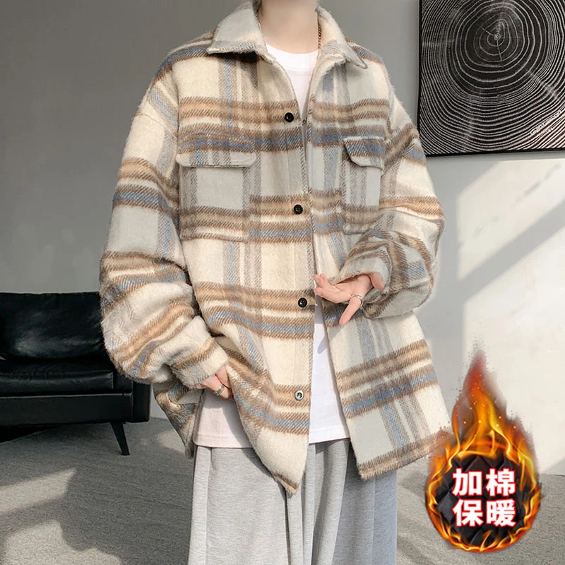 秋冬季毛呢格子衬衫男港风复古潮流休闲帅气宽松百搭衬衣加厚外套