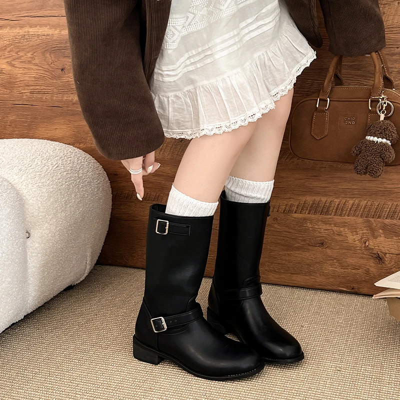 粗跟时装靴骑士短靴女秋冬新款复古风中筒西部牛仔靴马丁靴女靴子