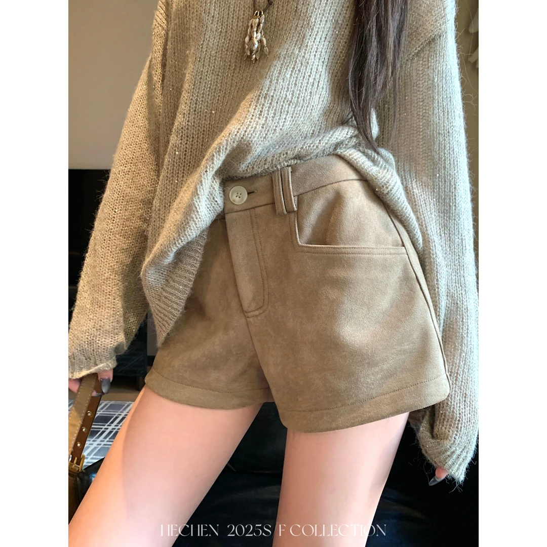 【禾呈】秋日穿搭短裤休闲百搭时尚双腰袢麂皮短裤A字短裤女10629