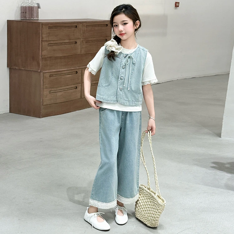 女童短袖夏季套装2025新款洋气大儿童夏装薄款牛仔三件套儿童韩范