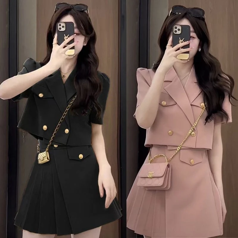 0116大码小香风套装裙夏季新款胖mm黑色短袖西装气质女神范两件套