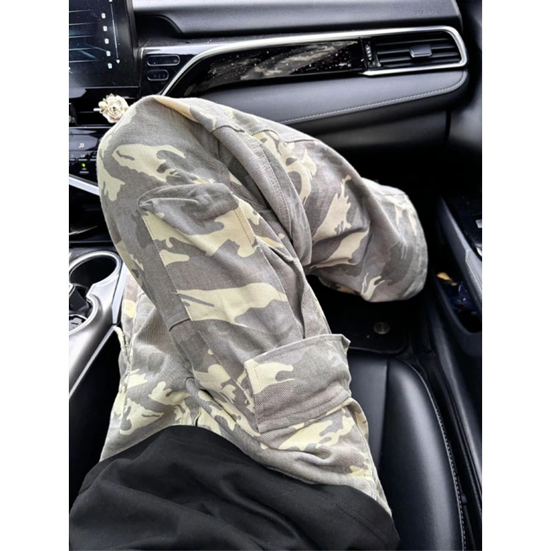 浅色迷彩工装裤男春夏季新款美式潮牌高街裤子休闲直筒阔腿拖地裤