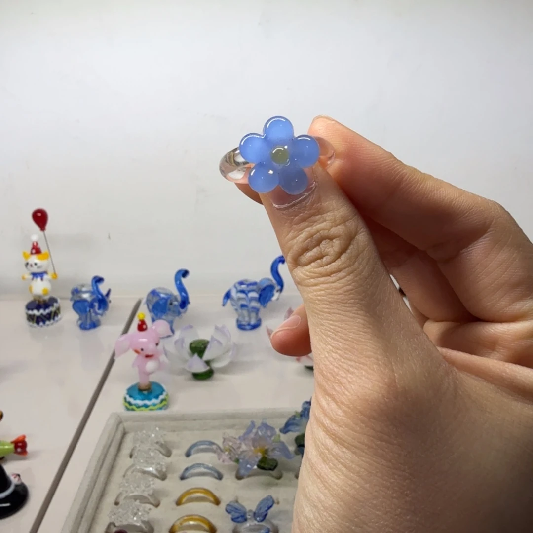 琉璃手工艺品蓝色小花戒指