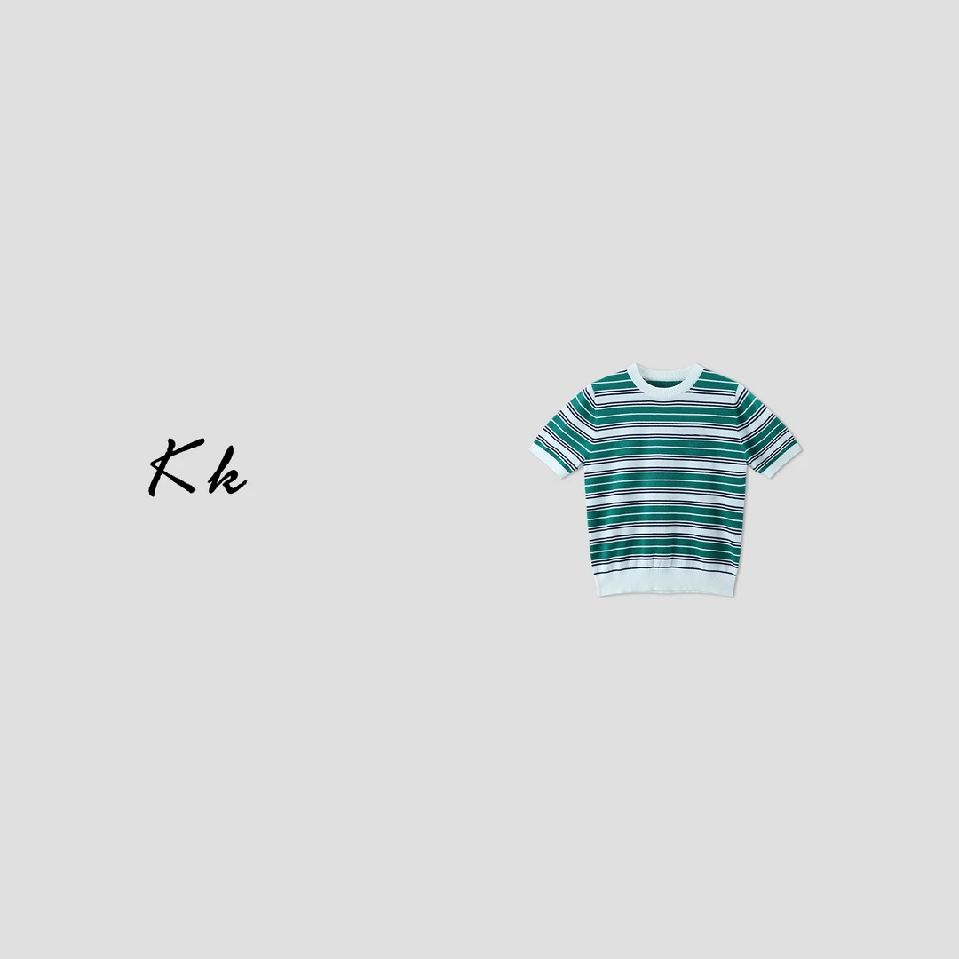 KK“森息青涧”/柔顺莫代尔/通勤显瘦条纹短袖针织衫圆领2520502