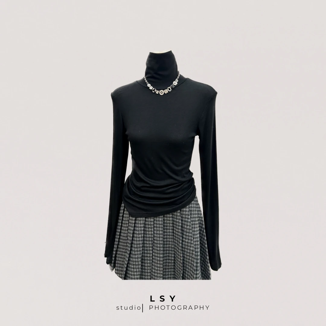 显瘦女修身型长袖T恤气质秋冬百搭黑色打底衫