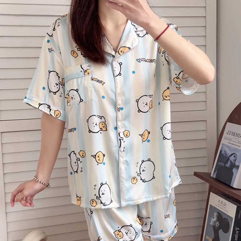2025新款冰丝睡衣女夏季薄款短袖凉感套装卡通可爱甜美外穿家居服