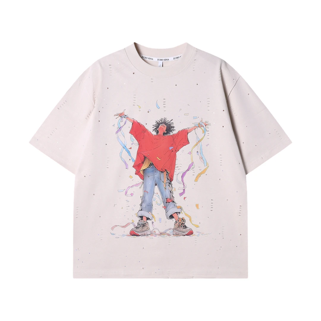 夏季高级感新款潮牌纯色人物印花圆领短袖T恤破洞嘻哈百搭上衣