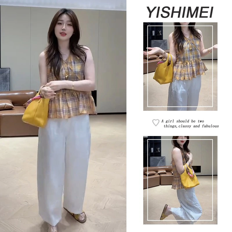 夏季温柔穿搭2025年新款韩系百搭无袖格子上衣高腰休闲裤两件套装