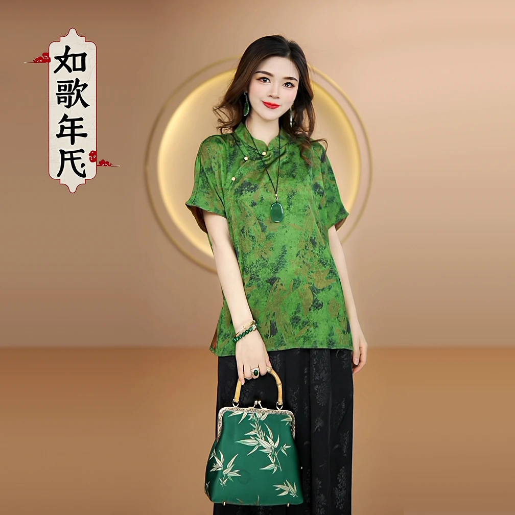 嶂翠山-如歌年代夏季新国风缎面短袖新中式旗袍领上衣宽松小衫 女