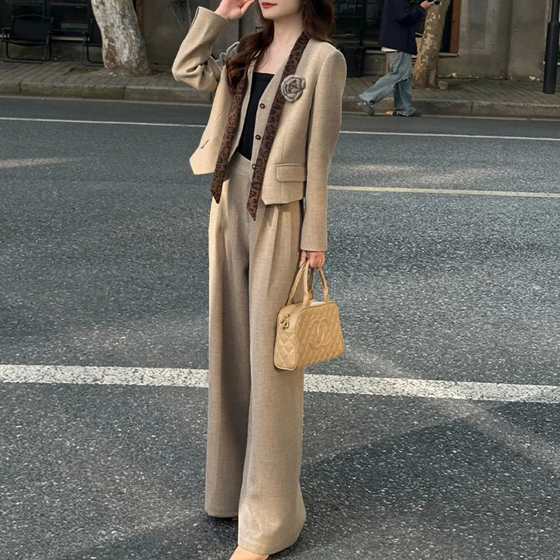 【送运费险】气质时尚套装女新款显瘦西装外套背心领带阔腿裤五件套