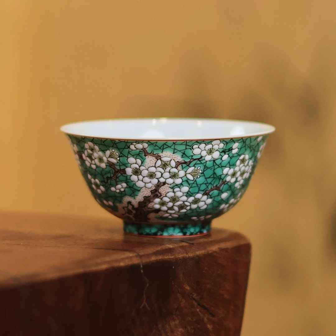 古阅和风·古彩绿地白梅杯景德镇陶瓷高端手工手绘茶器茶具