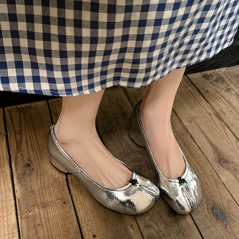 轻奢鞋子浅口百搭复古羊皮圆头粗跟透气单鞋女芭蕾舞凉鞋真皮