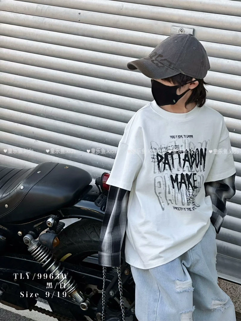 【25春季新品】男童长T 韩版宽松拼接假两件中大童圆领长袖上衣9963