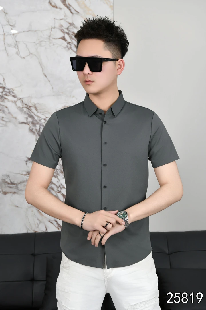 衬衫男士衬衣休闲夏季修身纯色商务