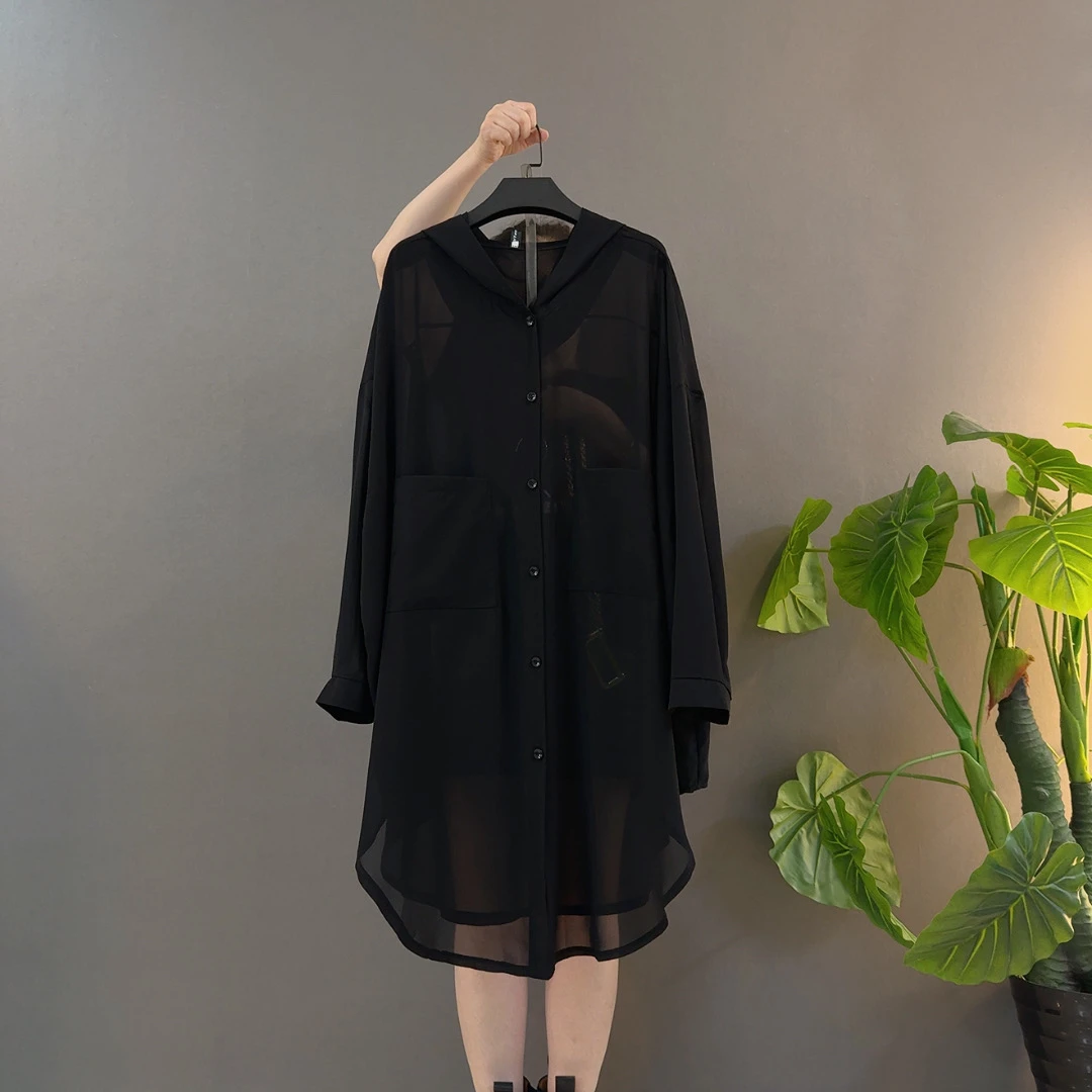 薄款连帽夏季长袖春季大码衬衫宽松常规成人蝙蝠雪纺衫