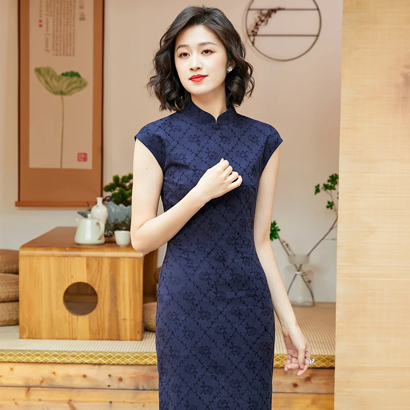 藏蓝色旗袍夏季2025年新款复古中国风日常改良提花连衣裙250192