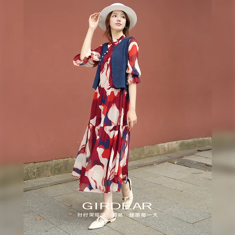 GIRDEAR/哥弟夏季新款爆款法式洋气长袖碎花拼接超仙连衣裙150008