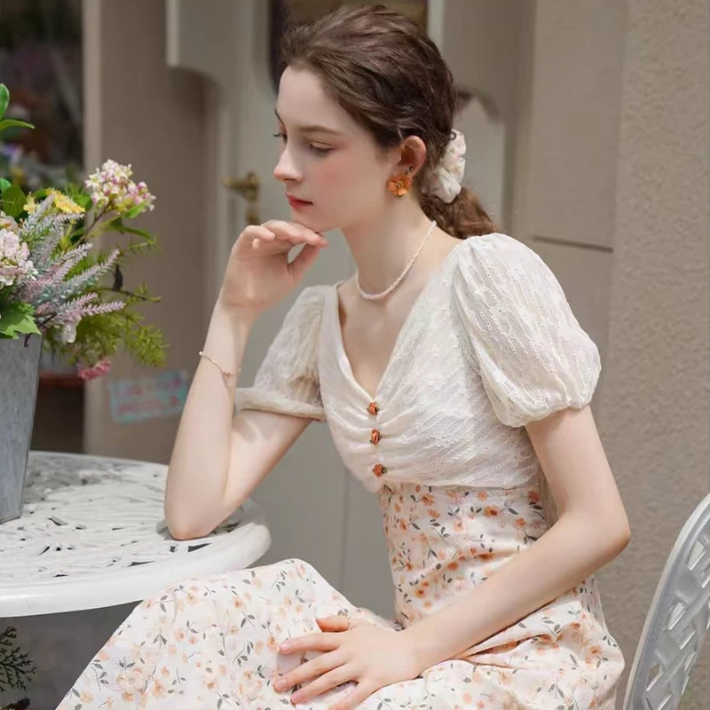 哥弟阿玛施正夏新款法式碎花连衣裙初恋甜美气质收腰遮肚茶歇长裙