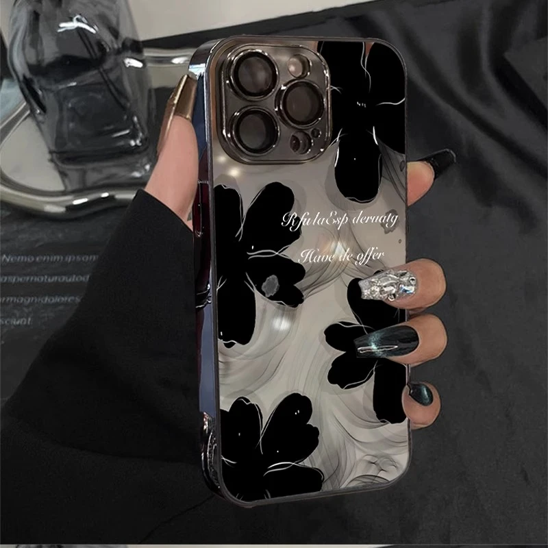 黑色水墨花适用苹果16promax手机壳女电镀镜面新款时尚防17promax