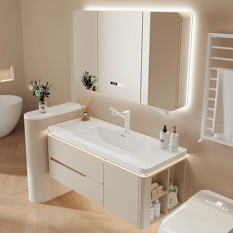 仓播专属丨A3橡胶木烤漆侧边柜 DTC合页丨奶油风陶瓷一体盆浴室柜