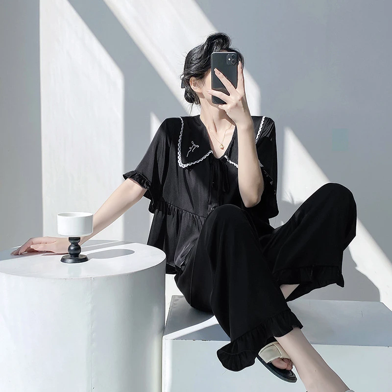 睡衣女短袖长裤春秋季薄款冰丝两件套装可外穿仿真丝绸家居服夏天