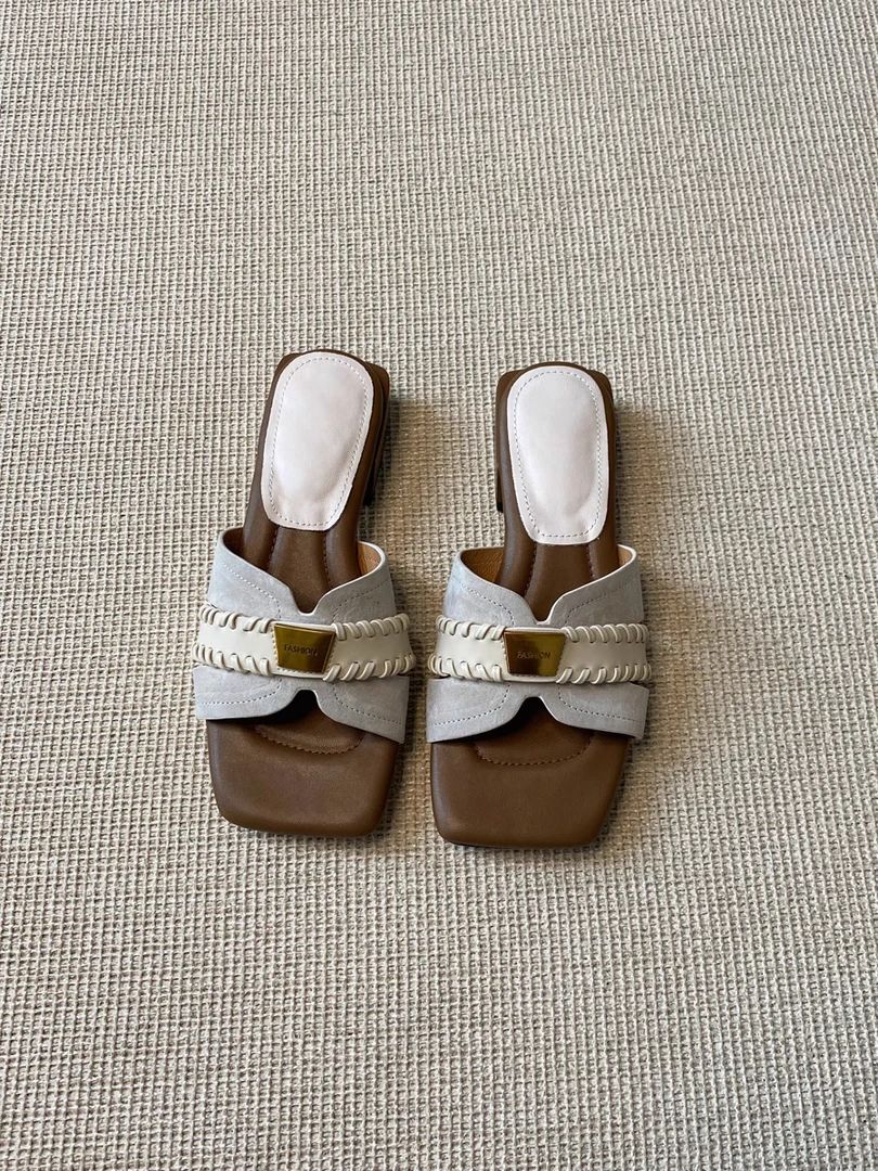 现货发~方头法式低跟拖鞋女外穿百搭气质露趾编织度假一字凉拖鞋