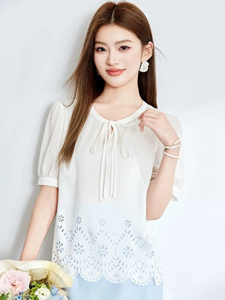 新款蝴蝶结雪纺衫圆领镂空小衫2126