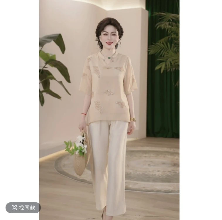 妈妈装2025夏装新款中国风洋气V领T恤中年女装宽松小衫套装两件套