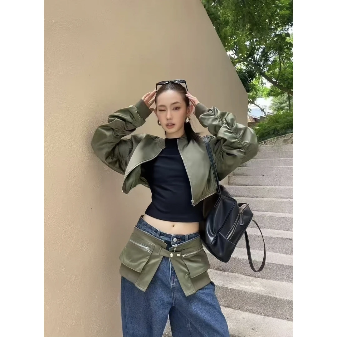 「涵涵家」美式宽松显瘦小众设计可拆卸腰封棒球服短外套女#5852