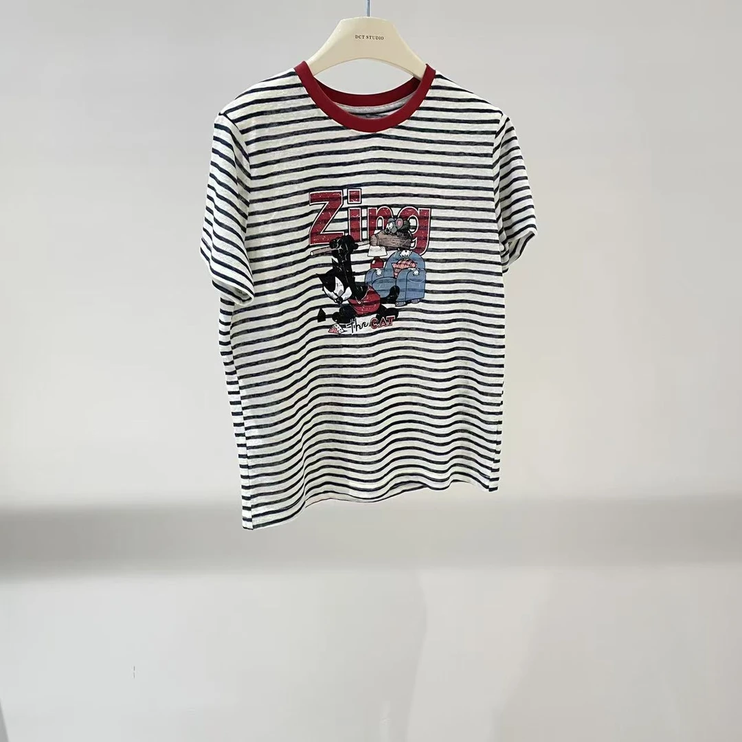 T恤-82007卡通撞色圆领条纹短袖