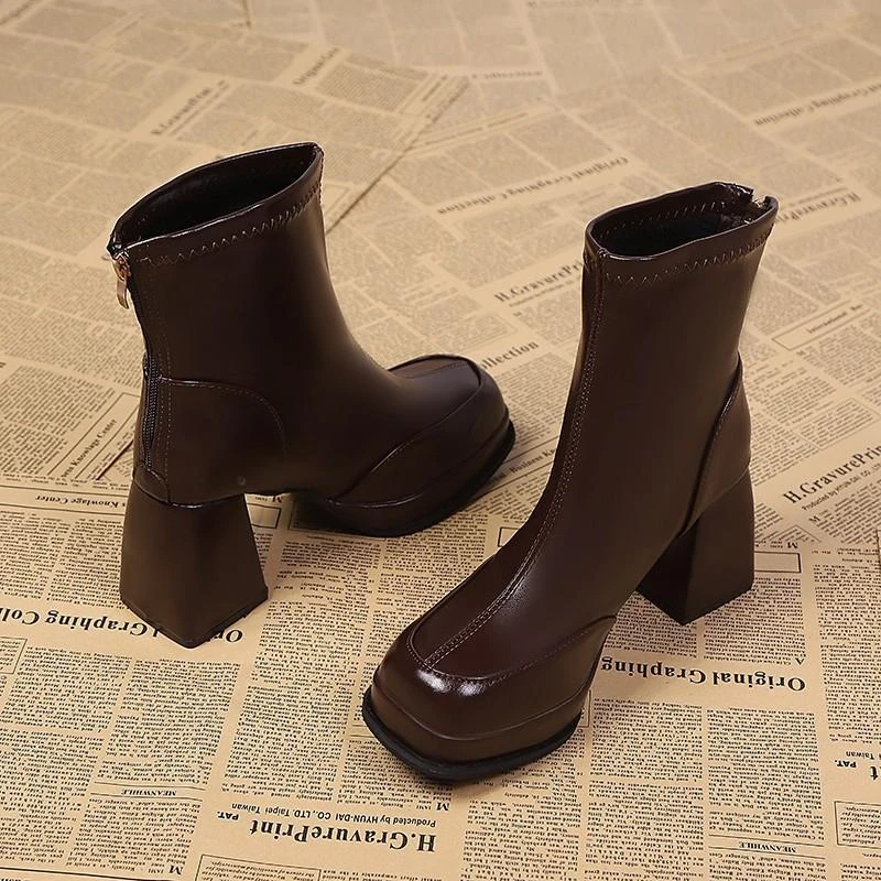 【万达撤柜】方头靴子高跟短靴女2025新款防水台瘦瘦单靴秋冬马丁靴