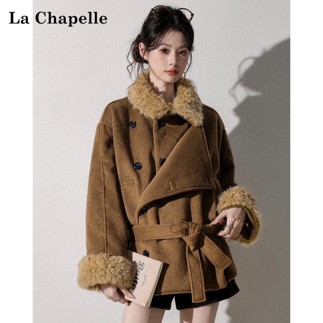 拉夏贝尔美拉德皮毛一体仿羊羔绒外套女小个子宽松加厚毛领大衣冬