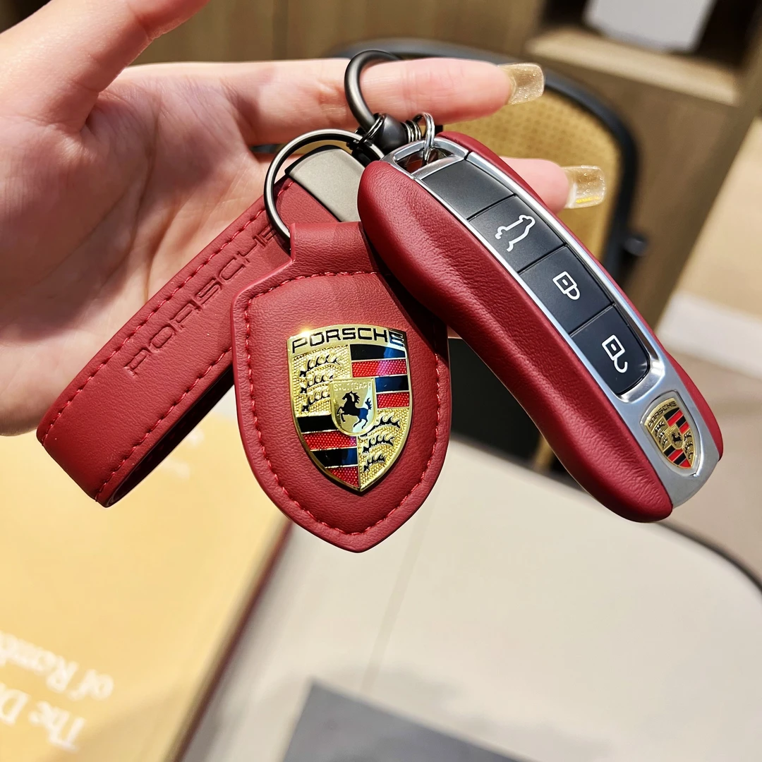 波尔多红真皮保时捷钥匙壳卡宴帕拉梅拉macan718钥匙扣taycan911