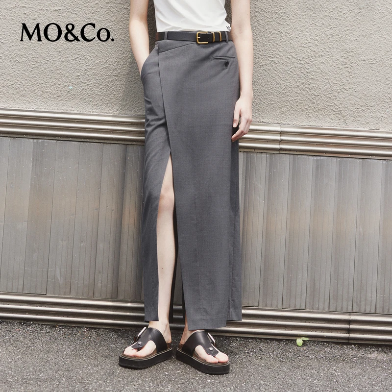 【达播用链接】MOCO夏解构错落高腰斜裹开叉精纺半身裙MBD2SKT009