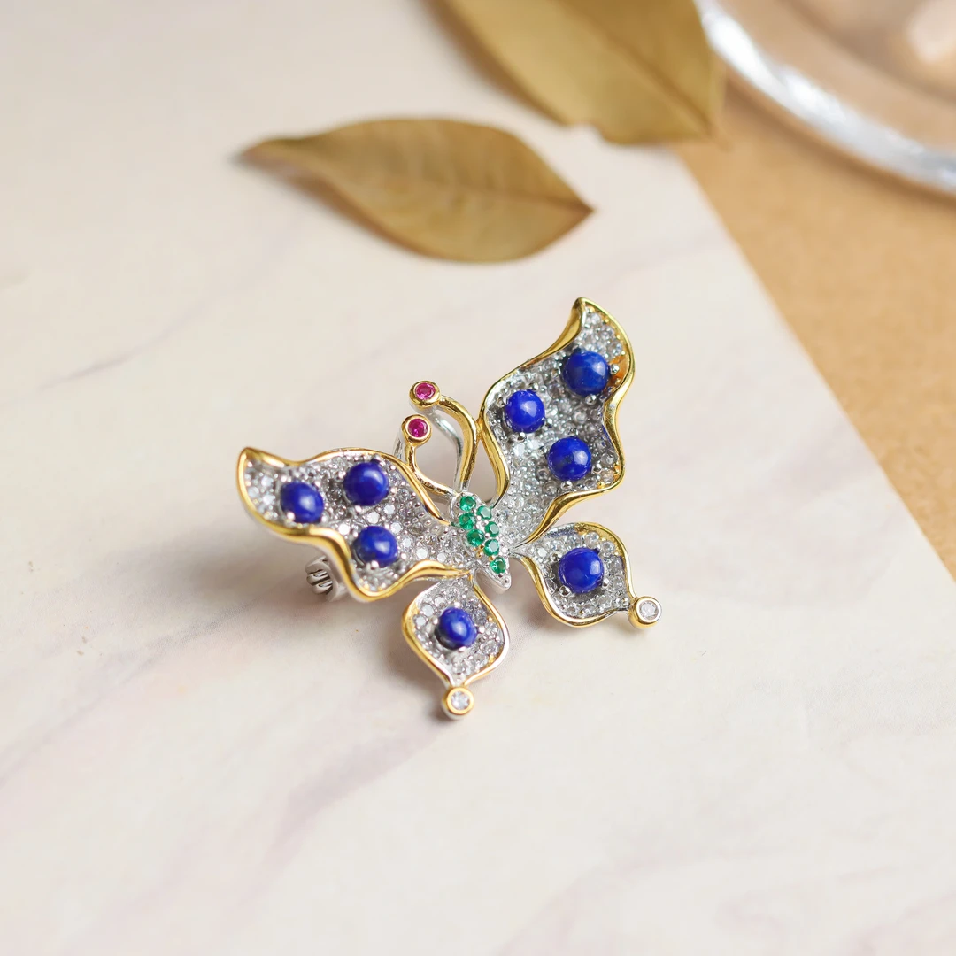 S925银镶嵌青金石蝴蝶国潮国风气质送礼女款胸针吊坠两用款