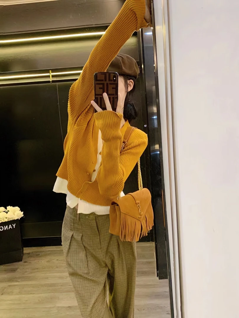 假两件针织开衫女秋季小众设计感短款休闲长袖百搭上衣百搭裤子