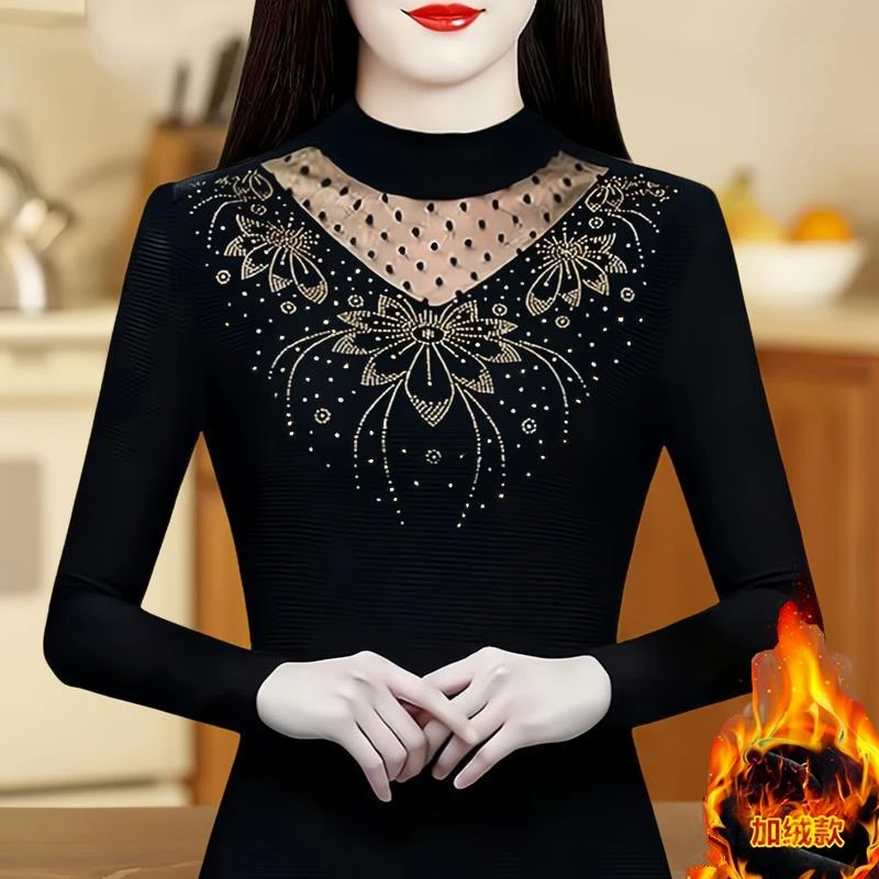 加绒外穿烫钻花边蕾丝网纱打底衫半高领秋冬加厚保暖内搭洋气小衫