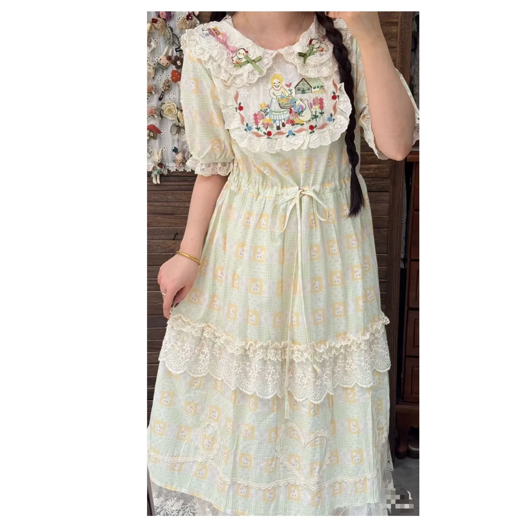 夏季新款娃娃领刺绣可爱小兔子印花收腰蕾丝花边连衣裙森系短袖