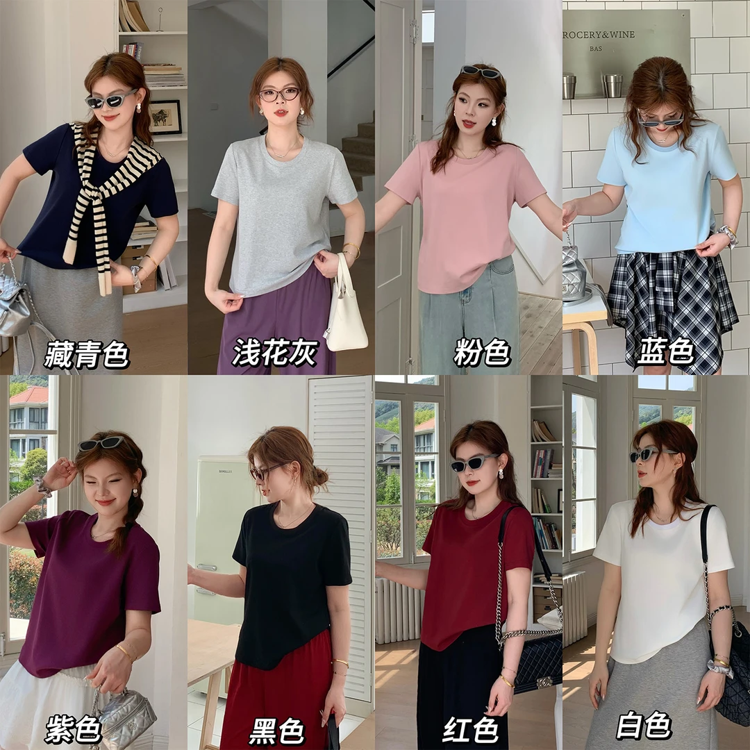 裂渡宣宣【随性洒脱】微胖大码女夏时尚百搭纯色休闲T恤 ZY504A91