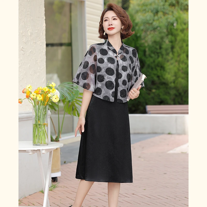 年轻妈妈夏装短袖雪纺连衣裙2025新款洋气中老年女装长裙子两件套