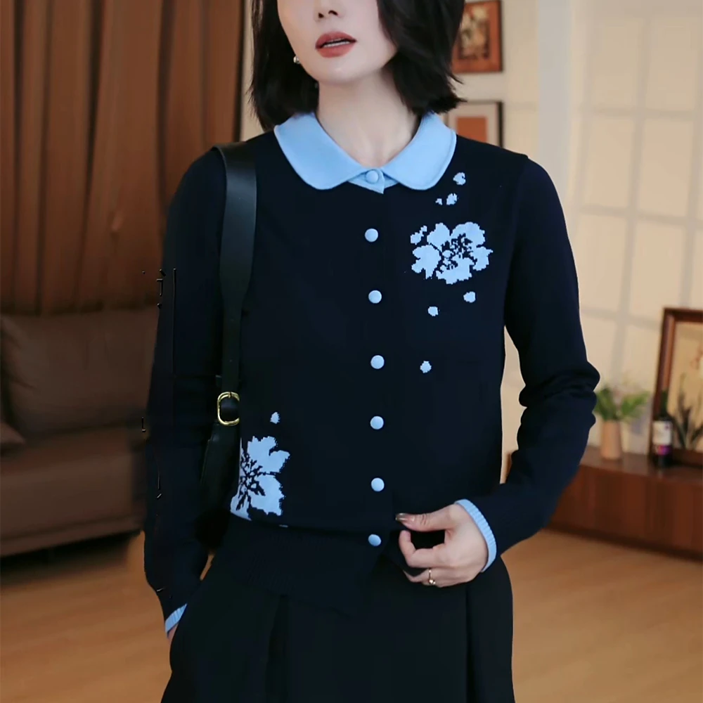 开衫外套毛衣女2025新款秋冬蓝色翻领假两件羊毛衫针织衫外搭上衣